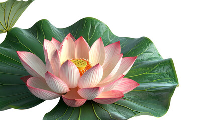 Delicate lotus bloom, pastel pink petals, resting on large green leaf, black background