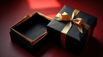 Elegant black gift box with golden ribbon and bow, partially open on red background