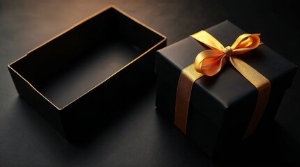 Elegant black gift box with golden ribbon and open lid on dark background