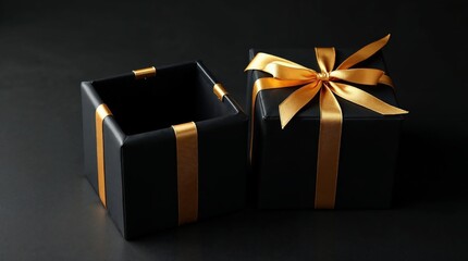 Elegant black gift box with gold ribbon, one open, on a dark background