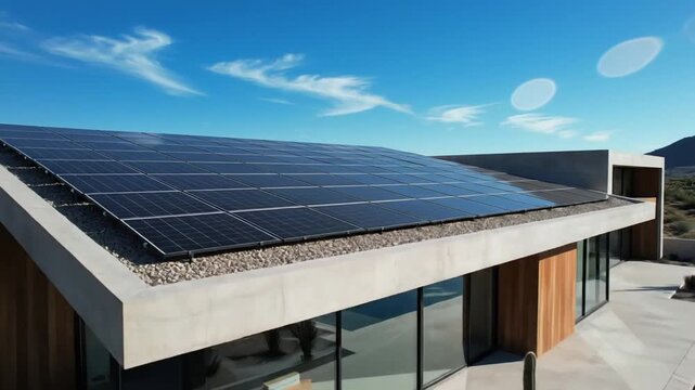 A solar panel installation on a rooftop, capturing sunlight under a clear blue sky, with clouds in the background, showcasing renewable energy technology for eco-friendly living