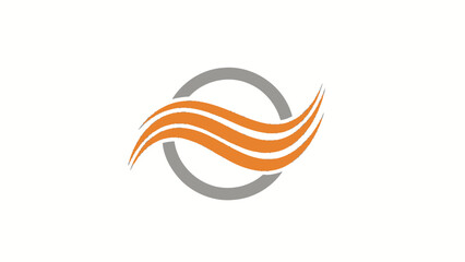 Obraz premium Abstract wave lines logo in orange within a gray circular frame, representing fluid motion and dynamic energy on an isolated white background.