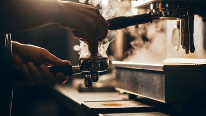 Close-up shot of hands operating a professional espresso machine, steaming hot coffee being extracted into a portafilter