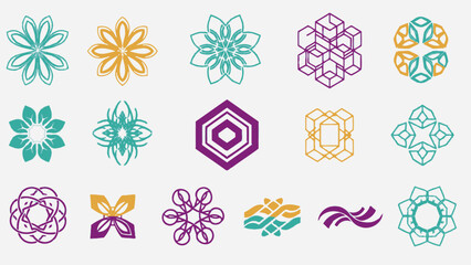 Set of Colorful Geometric Floral and Abstract Patterns, Elegant Mandalas, in Bright Studio.