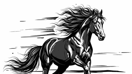 Dynamic black horse running with flowing mane and tail on isolated white background with speed lines © Umi