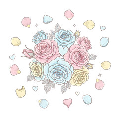 Naklejka premium Vibrant roses and petals in pastel colors with hearts