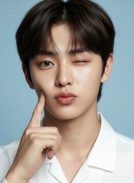 Youthful Radiance: Handsome Young Korean Man with K-pop Idol Visuals and Boyish Charm, Famous asian beauty male actor perfect korean appearance kpop idol stylish clothes