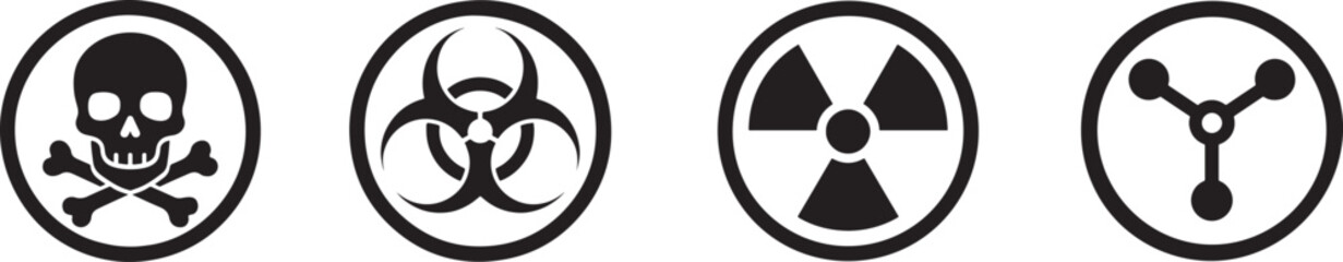 Silhouette nuclear, radiation, chemical and biological hazard icon set in black for safety design.