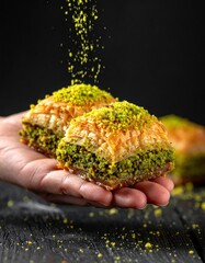 Golden Honey Drenched Baklava Pastry Sprinkled With Vibrant Green Crushed Pistachios Held Gently In A Hand Against A Dark Moody Background With Soft Dramatic Lighting