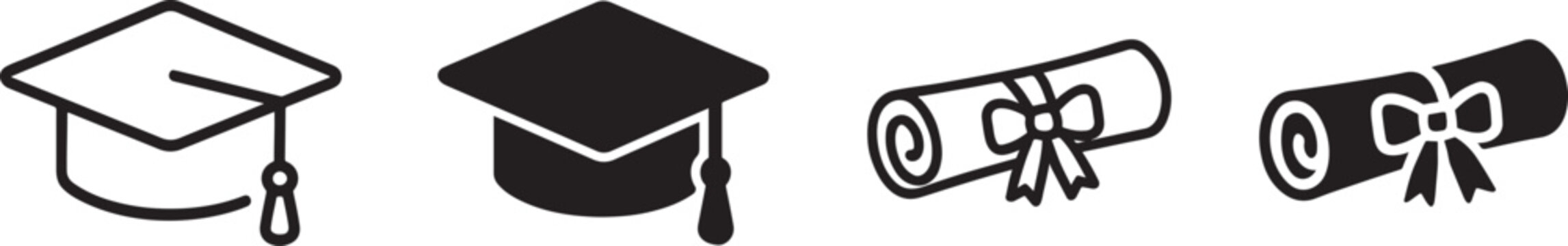 Silhouette graduation cap and diploma icon set in black, clean education symbols for design.