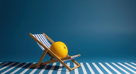 A solitary yellow fruit enjoys tropical leisure on a striped lounge chair. It suggests a delightful vacation and comfortable, sunny rest, ingredient, holiday, fresh