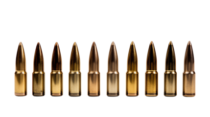 Row of shiny gold bullets on black background for military or defense concepts