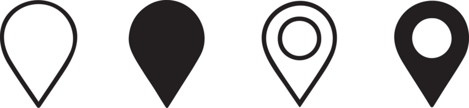 Silhouette location pin icons in outline and bold styles, black map marker symbols set.