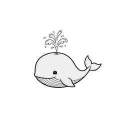 a single, simple, cheerful black ink line art cartoon whale spouting water, photographed with hyper-realistic detail on a transparent background, top view. concept for minimalist graphic design