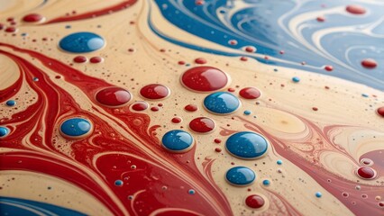 Macro photo of mixed colorful liquids forming flowing marble patterns with red, blue, and beige tones. Abstract background perfect for design, art projects, or creative visual concepts.
