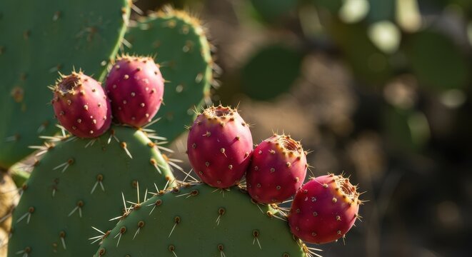 Closeup of several vibrant red prickly pear fruits thriving on a hardy cactus pad under intense sunshine in a dry landscape, heat, organic, green