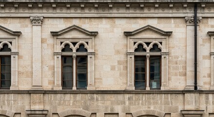 Obraz premium Detailed stone architecture of a historical Renaissance building showcasing classical symmetry, geometric precision, and intricate window framing, ancient, pattern, symmetry
