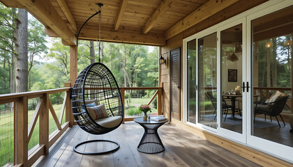 Cozy outdoor terrace of modern cabin with hanging egg chair, black wire chair and round table on wooden floor, glass wall reflecting forest trees, relaxing countryside vacation setting