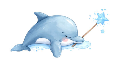 Adorable watercolor-style dolphin sleeps on a cloud, holding a star wand