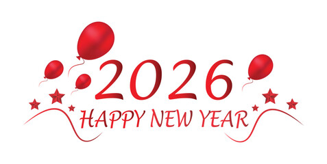 Happy New Year 2026 Celebration Design with Red Balloons and Stars
