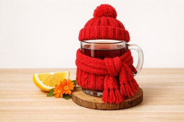 A home flu remedy: herbal tea in a tall glass mug, accompanied by a scarf, lemon, mint, and calendula flowers