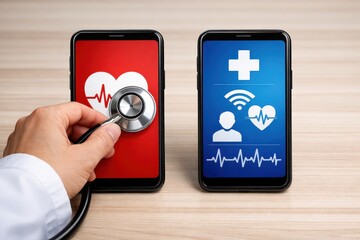 An online doctor checks a pulse with a stethoscope, while two smartphones face each other, embodying the telemedicine concept