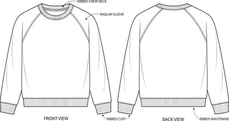 Technical line art illustration of a raglan sleeve sweatshirt featuring front and back views with ribbed cuffs and crew neck © Hello World