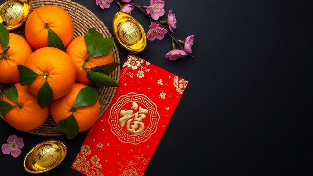 Chinese new year celebration with oranges and red envelope