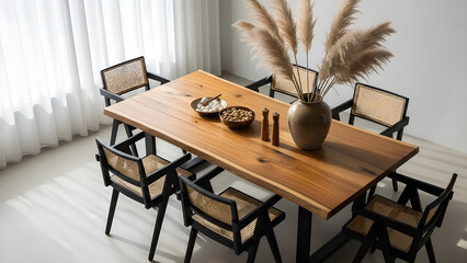 Dining Table Modern Interior Home Decor Wooden Rattan Chairs Overhead View