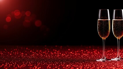 Two champagne flutes toasting on romantic red glitter background
