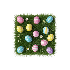 Easter eggs on green grass with daisy flowers