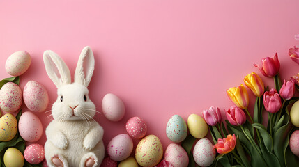 Easter bunny, eggs and colorful tulip flowers on pink background with copy space for text. Happy easter holiday celebration background.