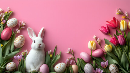 Easter bunny, eggs and colorful tulip flowers on pink background with copy space for text. Happy easter holiday celebration background.