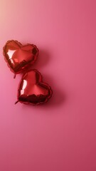 Two shiny copper heart balloons floating on pink background for love celebration