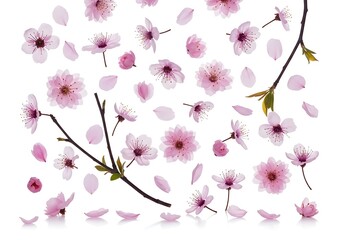 Delicate Cherry Blossom Arrangement on White Background.