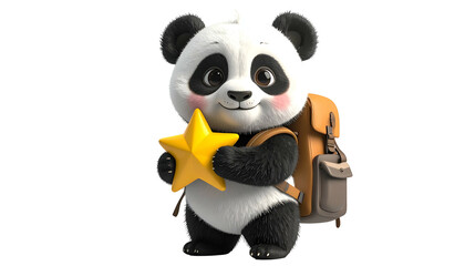 Adorable panda with backpack holding a golden star, isolated on black background