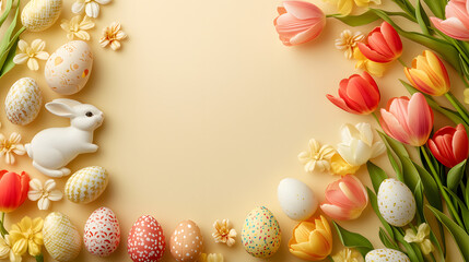 Easter bunny, eggs and colorful tulip flowers on golden yellow background with copy space for text. Happy easter holiday celebration background.