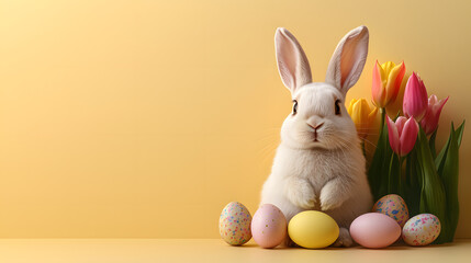 Easter bunny, eggs and colorful tulip flowers with copy space for text. Happy easter holiday celebration background. 