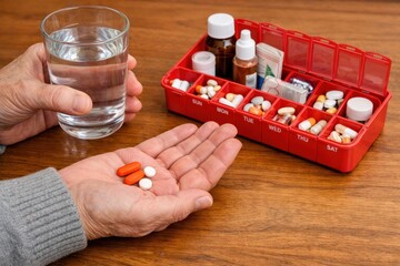 An elderly woman draws medication from a red first-aid kit and takes capsules while holding a glass of water, with the red kit on the table