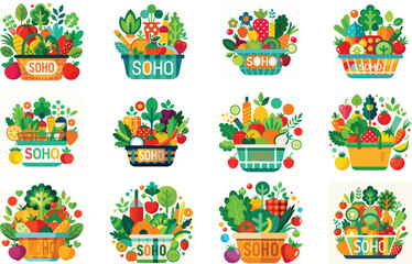 Organic Vegetable Basket Illustration Collection with Fresh Farm Produce, Healthy Organic Food, Colorful Vegetables in Wicker Baskets, Farmers Market Grocery Concept, Vegan and Vegetarian Lifestyle, 
