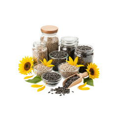 Sunflower seeds in glass jars and bowls