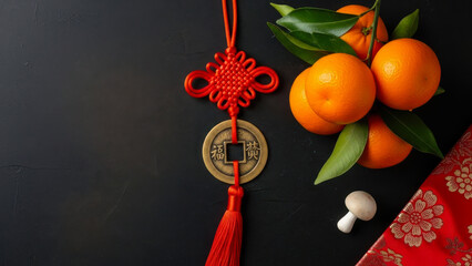 Chinese new year decoration with oranges and red knot