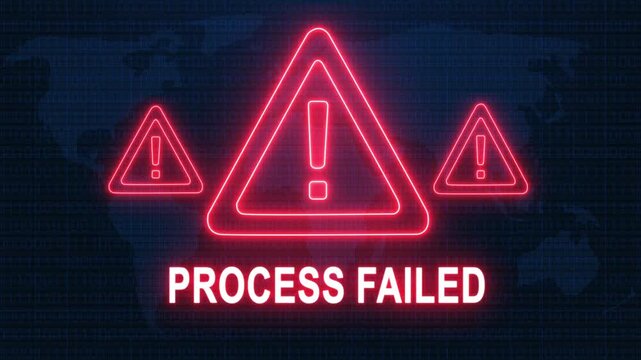 Process failed alert warning. Cybersecurity defense and secure digital systems protection against cyberattacks. urgent threat notification concept with glowing red hazard icon.