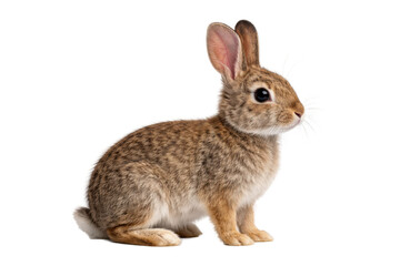 Side view of a small brown rabbit sitting calmly, showing soft fur texture and upright ears. Clean studio composition isolated on a white background, perfect for animal, pet, and nature concepts. © MJ iceberg