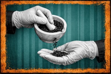 D collage illustration featuring a retro pinup sketch of a doctor‑scientist laboratory assistant with a gold flask, depicting chemistry, vaccine invention, and medicine for COVID