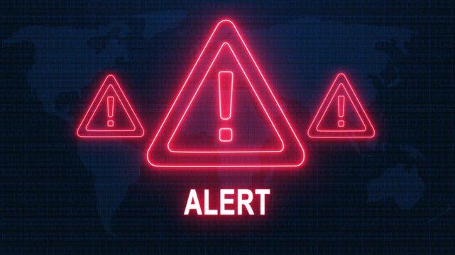 Alert warning. Cybersecurity defense and secure digital systems protection against cyberattacks. urgent threat notification concept with glowing red hazard icon.