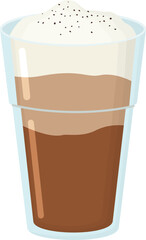 Glass of macchiato coffee drink isolated on white. Illustration of latte in transparent cup and topped with milk foam