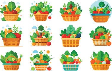 Organic Vegetable Basket Illustration Collection with Fresh Farm Produce, Healthy Organic Food, Colorful Vegetables in Wicker Baskets, Farmers Market Grocery Concept, Vegan and Vegetarian Lifestyle, 
