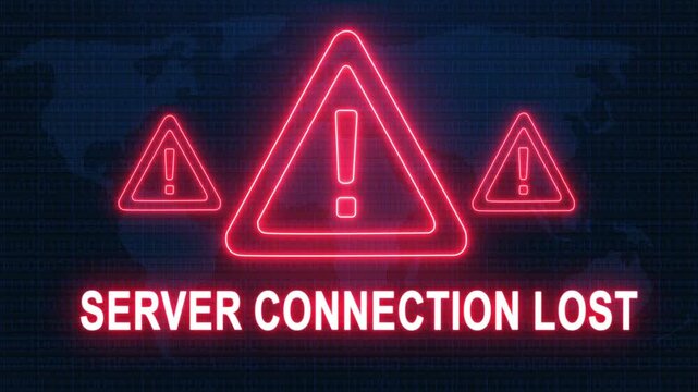Server connection lost alert warning. Cybersecurity defense and secure digital systems protection against cyberattacks. urgent threat notification concept with glowing red hazard icon.