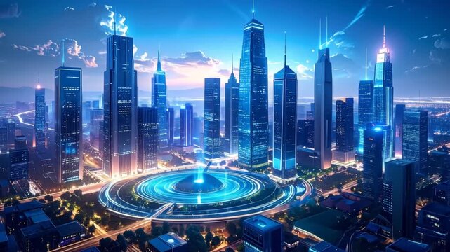 Modern cityscape with futuristic buildings technology concepts and digital infrastructure